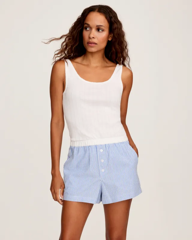 Women's Twill Sleep Short in French Blue Heritage Stripe made by Petite Plume
