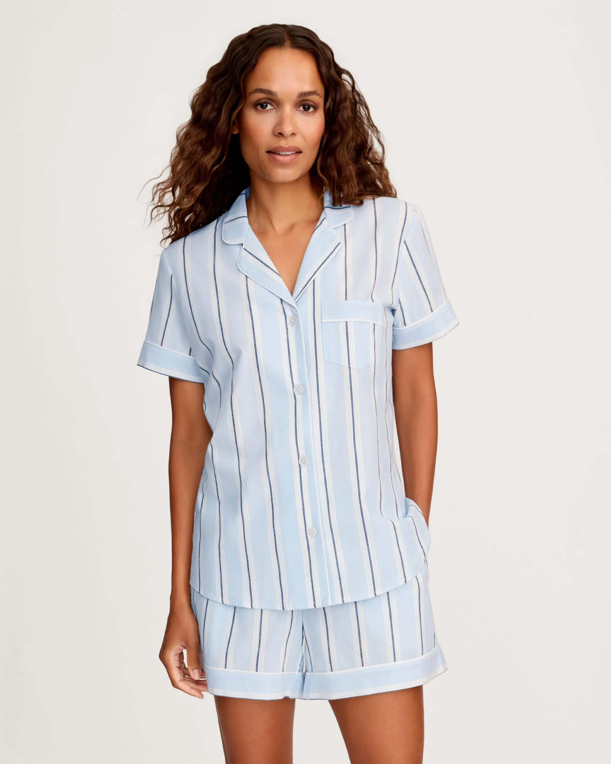 Women's Twill Short Sleeve Short Set in Coastal Stripe sold by Petite Plume