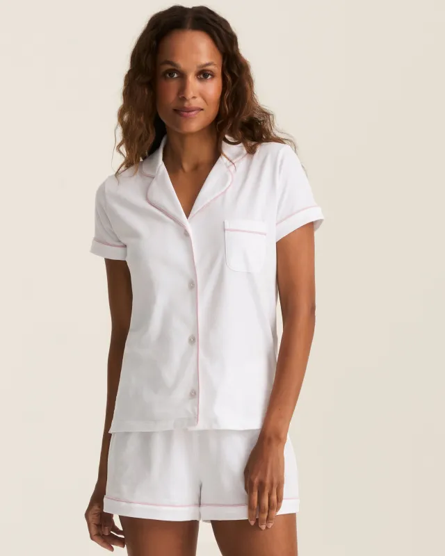 The Poppy Pima Short Set in White with Pink Piping made by Petite Plume