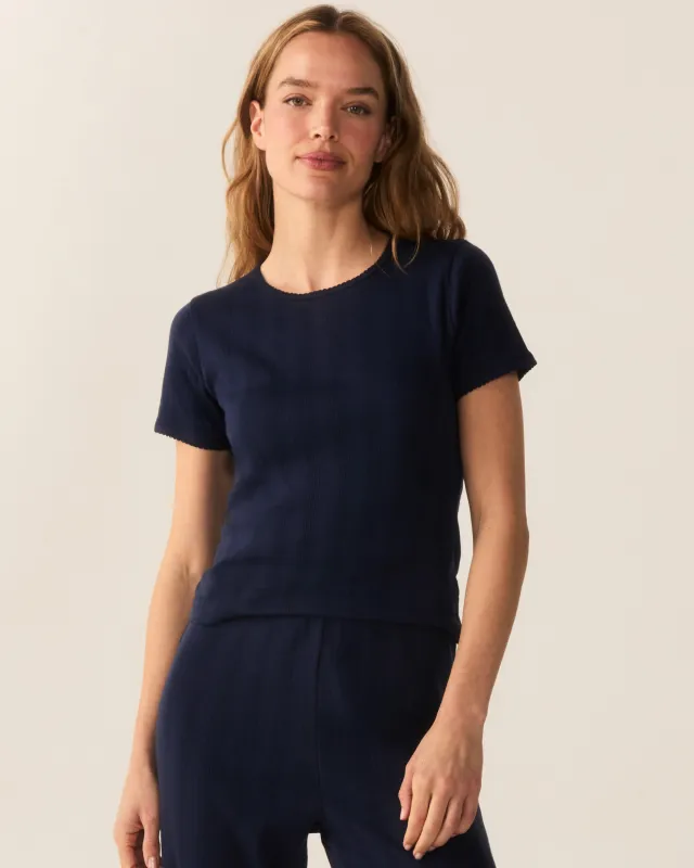 Women's Pointelle T-Shirt in Navy made by Petite Plume
