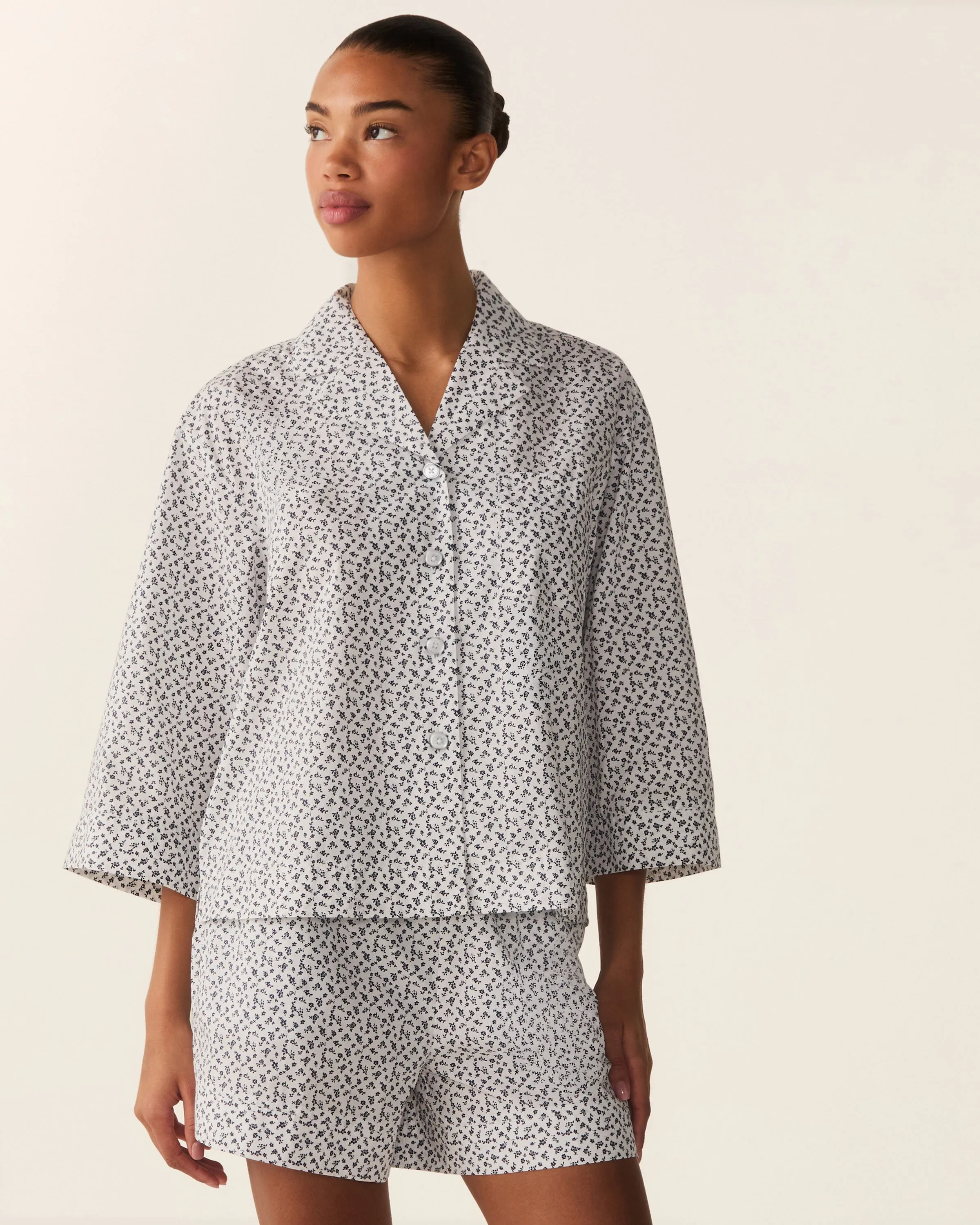 The Olivia Poplin Short Set in Ditsy Waltz White sold by Petite Plume