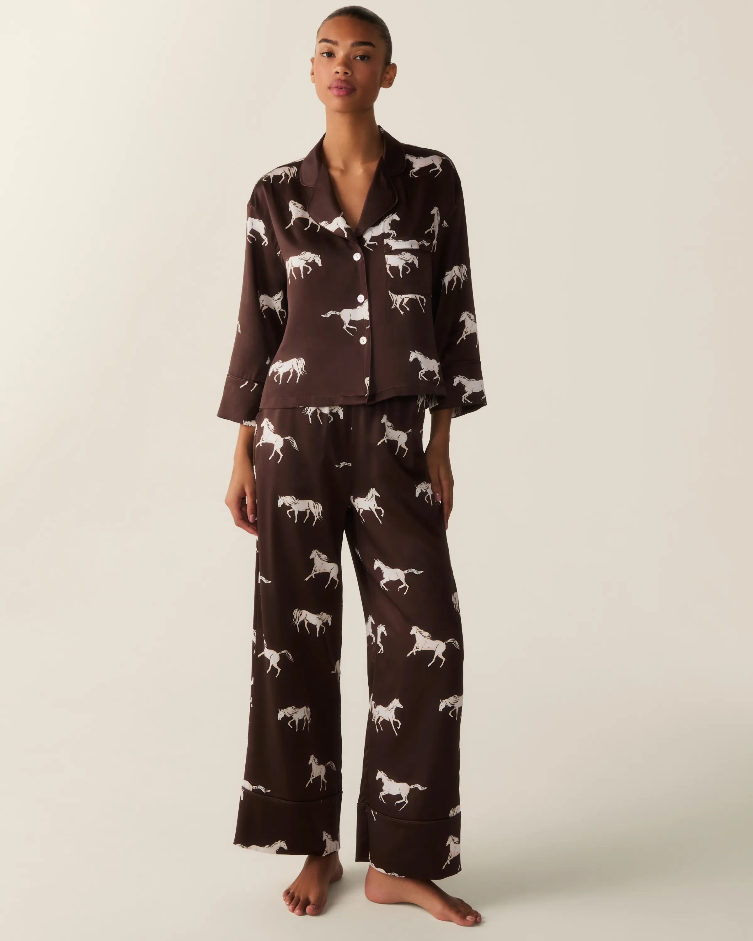The Celine Silk Pajama Set in Highgrove Equestrian sold by Petite Plume