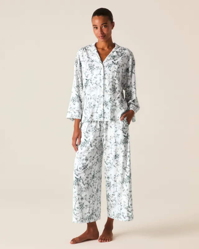 The Olivia Wide Leg Pima Pajama Set in Evergreen Timeless Toile made by Petite Plume