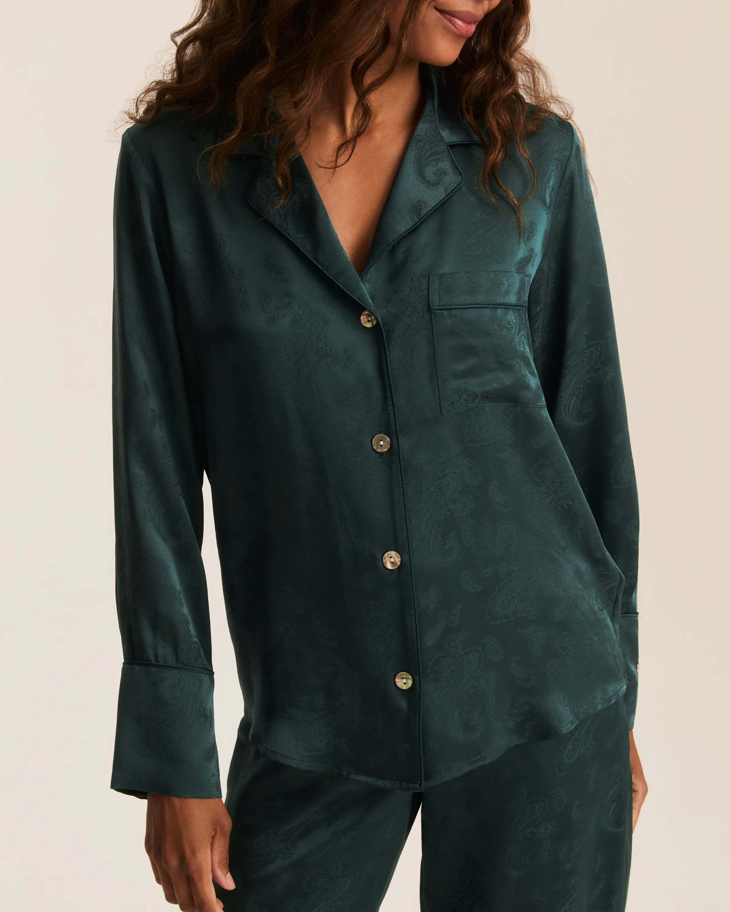 Women's Silk Jacquard Pajama Set in Hunter Green sold by Petite Plume product image thumbnail 2