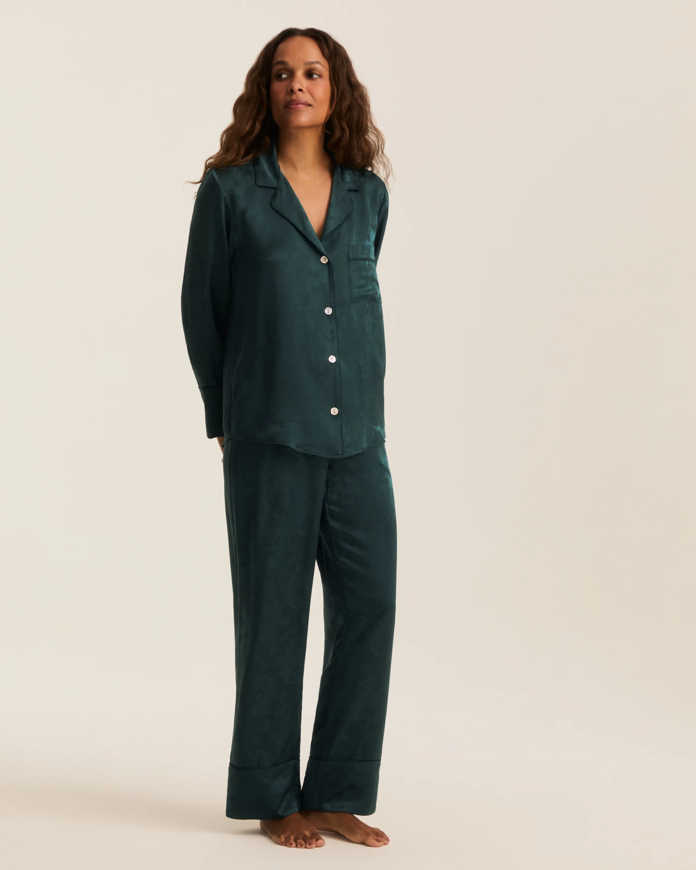 Women's Silk Jacquard Pajama Set in Hunter Green sold by Petite Plume product image thumbnail 3