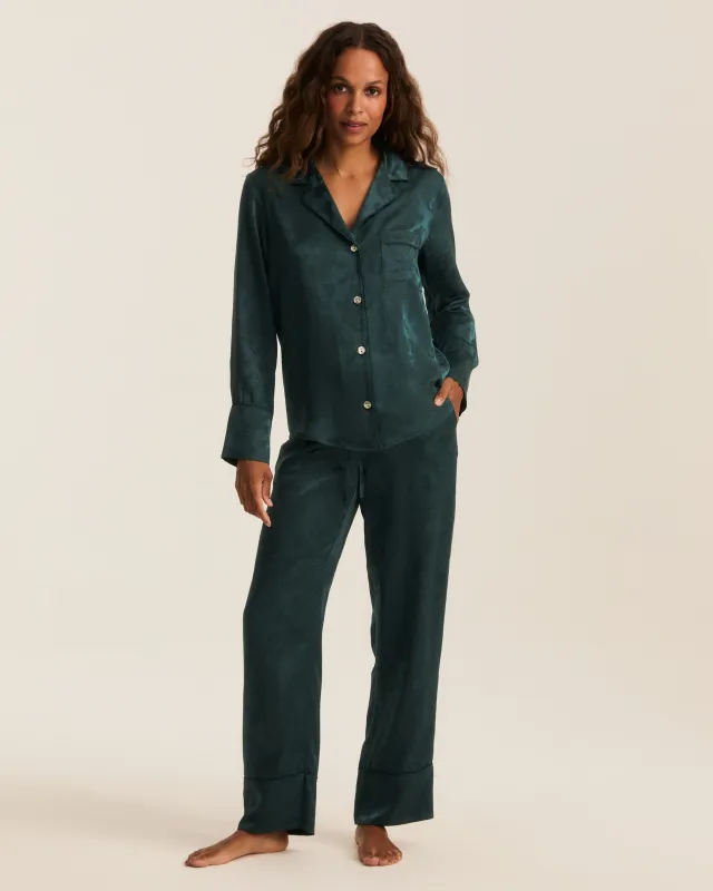 Women's Silk Jacquard Pajama Set in Hunter Green made by Petite Plume