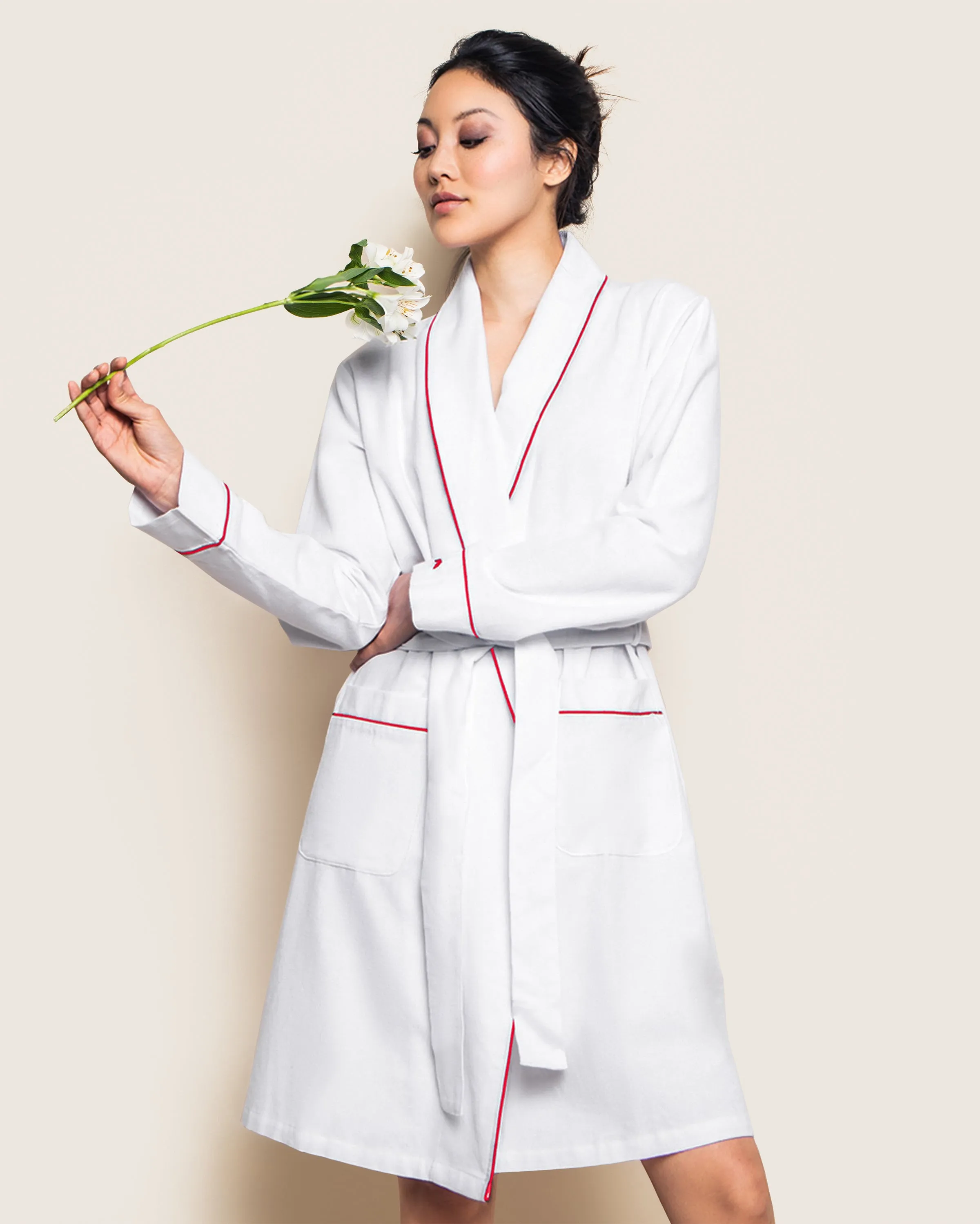 Women's Flannel Robe in White with Red Piping sold by Petite Plume product image thumbnail 2