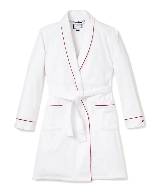 Women's Flannel Robe in White with Red Piping sold by Petite Plume