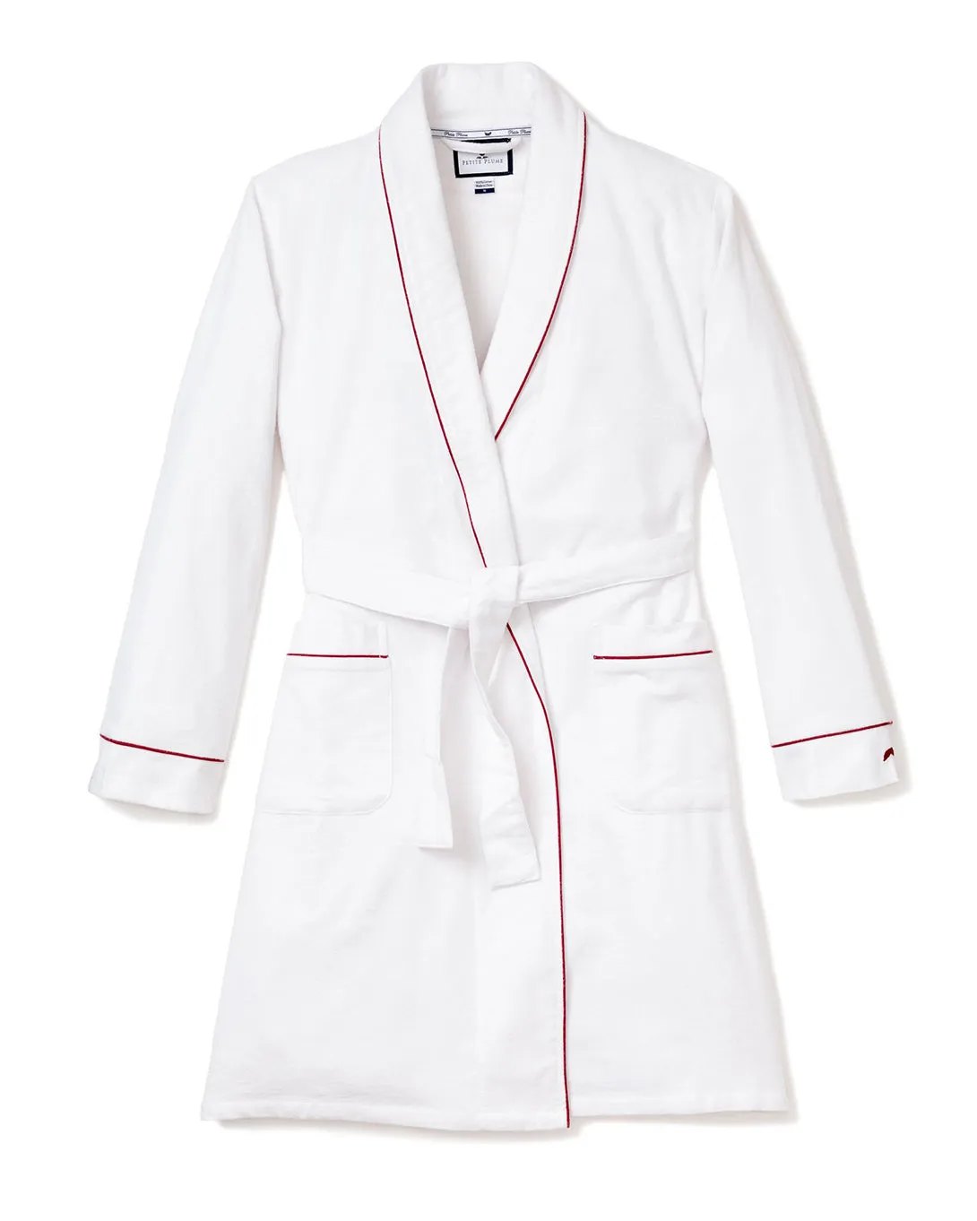Women's Flannel Robe in White with Red Piping sold by Petite Plume