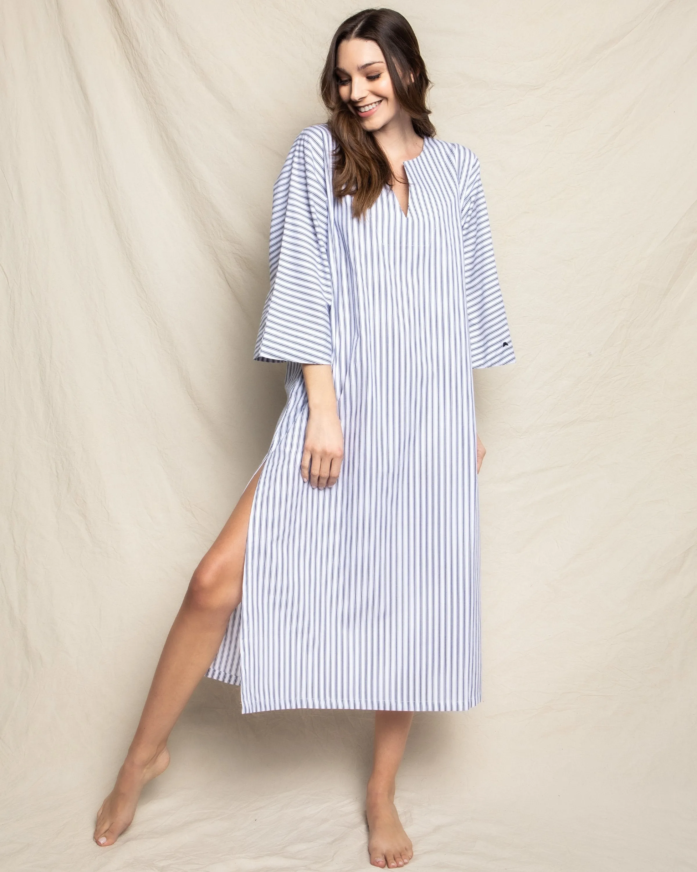 Women's Twill Caftan in Navy French Ticking sold by Petite Plume product image thumbnail 2