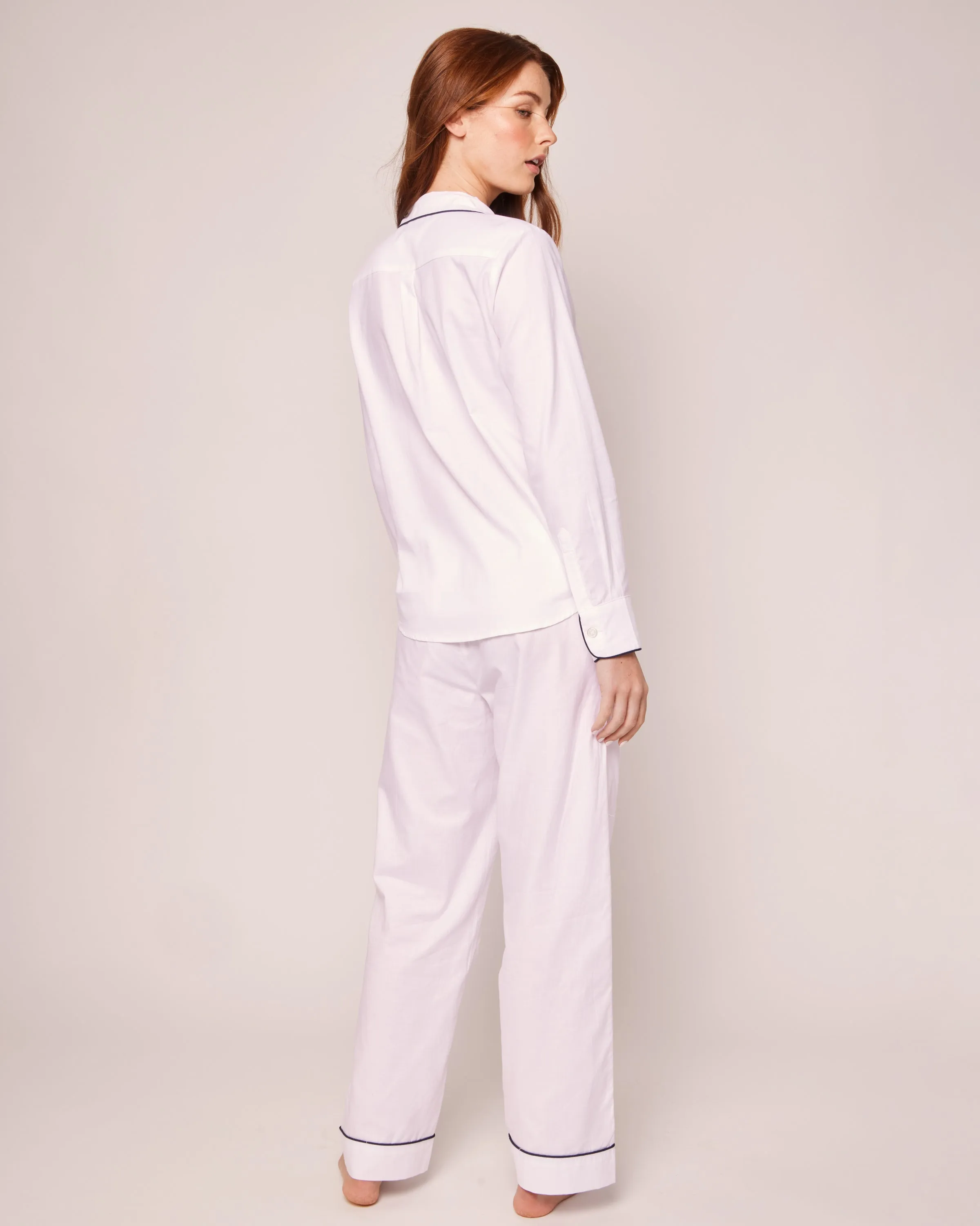 Women's Twill Pajama Set in White with Navy Piping sold by Petite Plume product image thumbnail 4