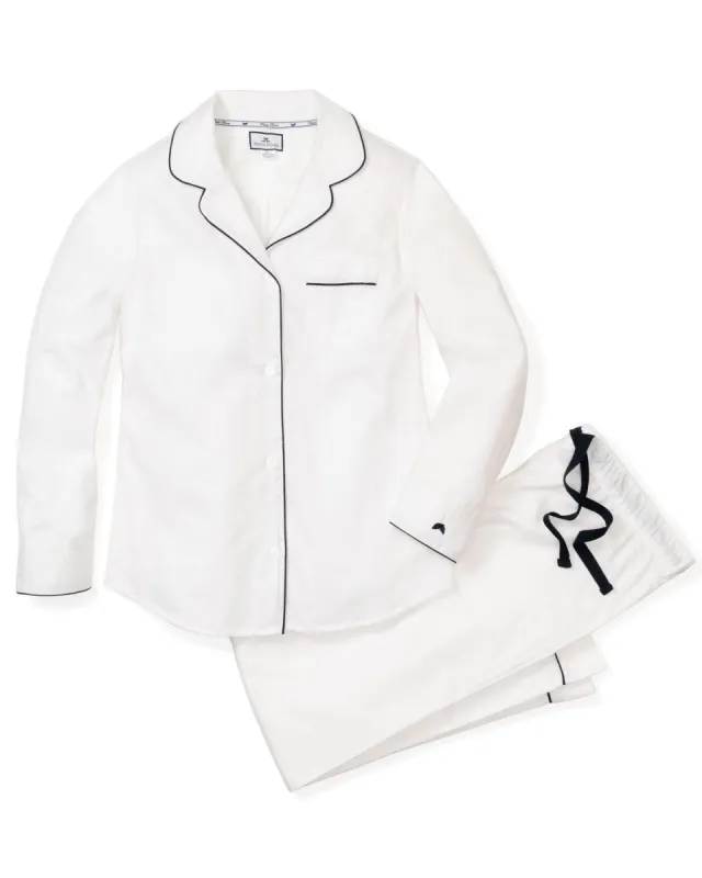 Women's Twill Pajama Set in White with Navy Piping sold by Petite Plume