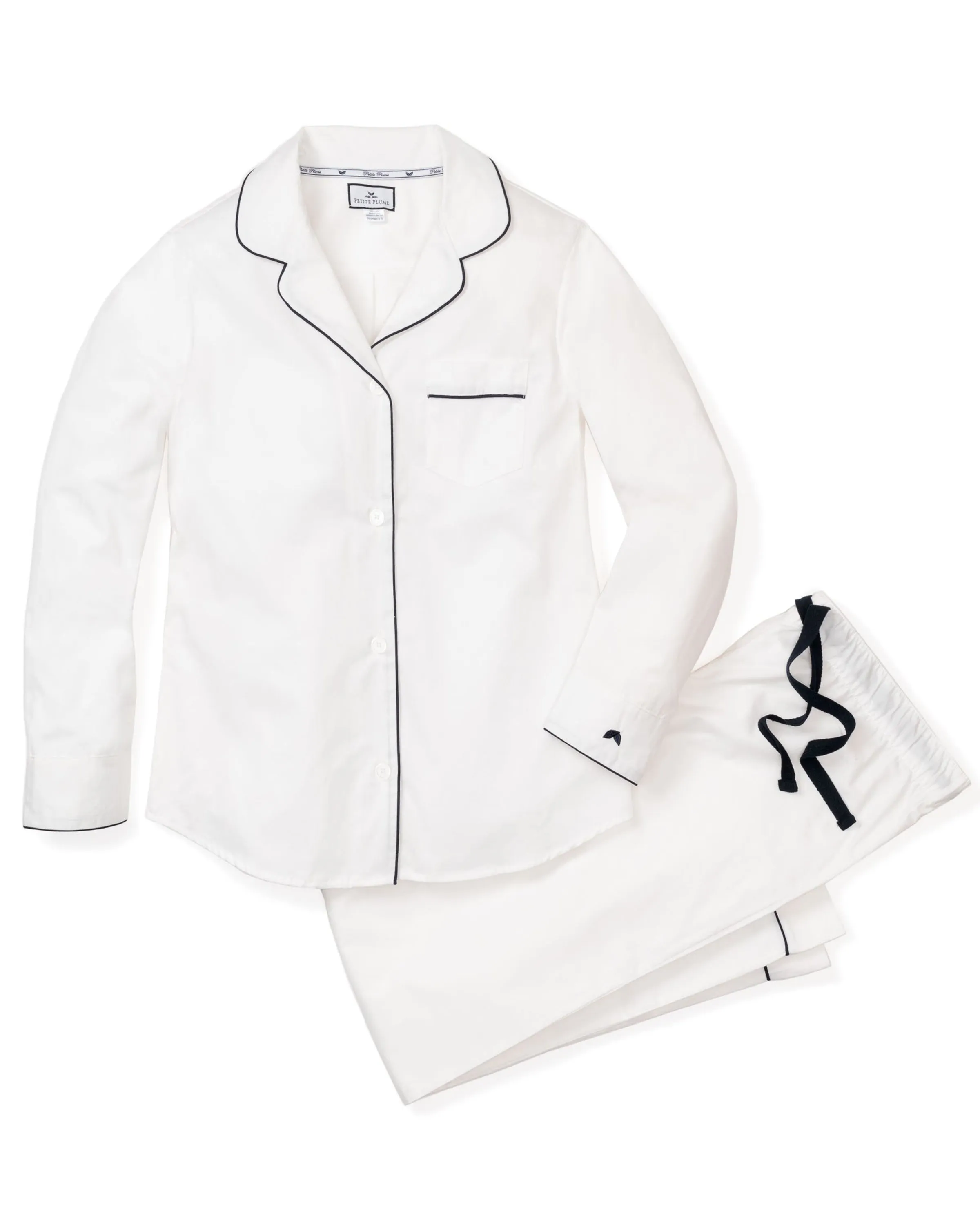 Women's Twill Pajama Set in White with Navy Piping sold by Petite Plume