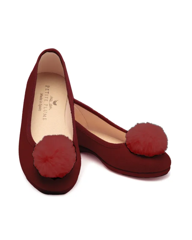Women's Juliette Slipper in Bordeaux Suede with Pom sold by Petite Plume