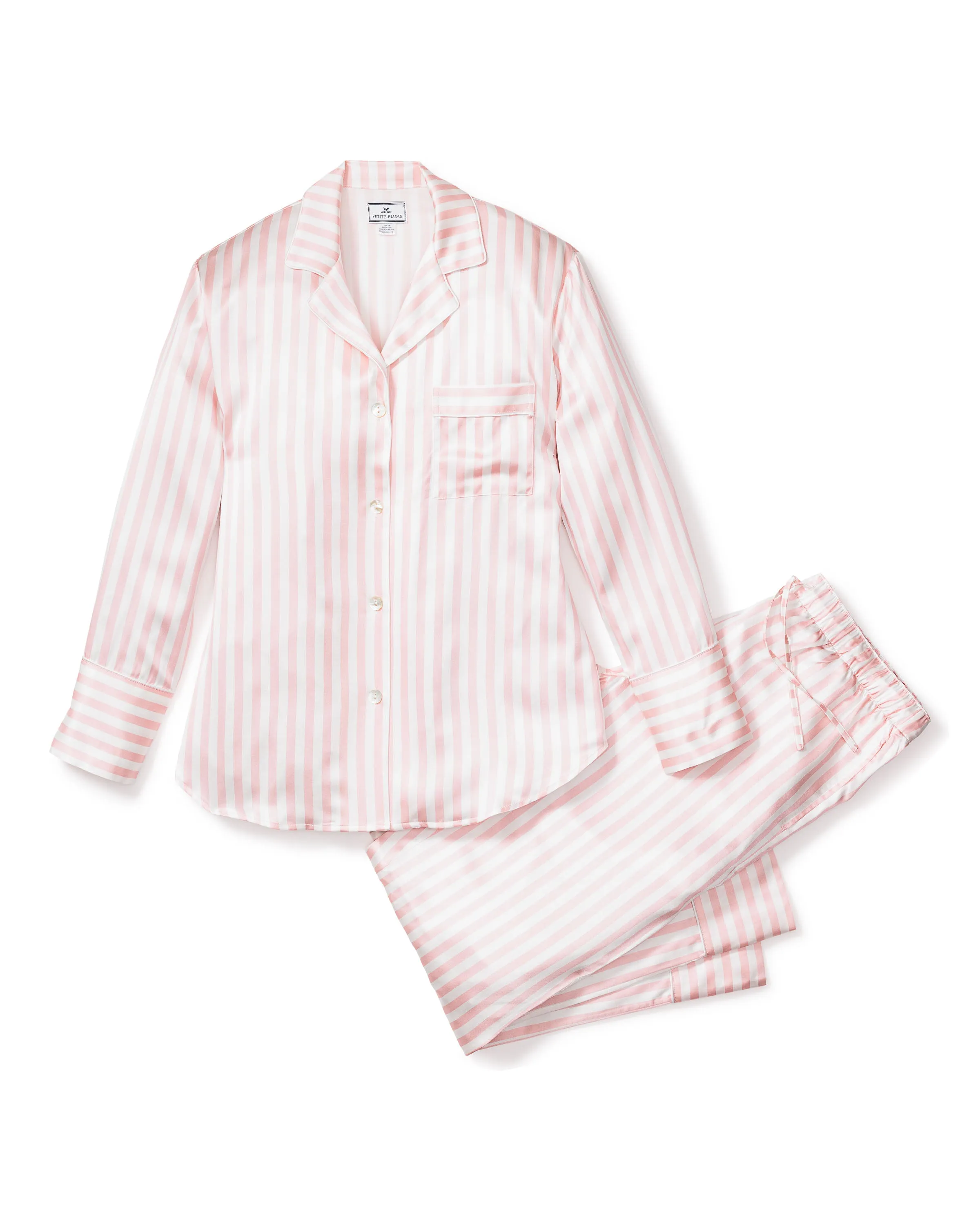 Women's Silk Pajama Set in Pink Stripe sold by Petite Plume