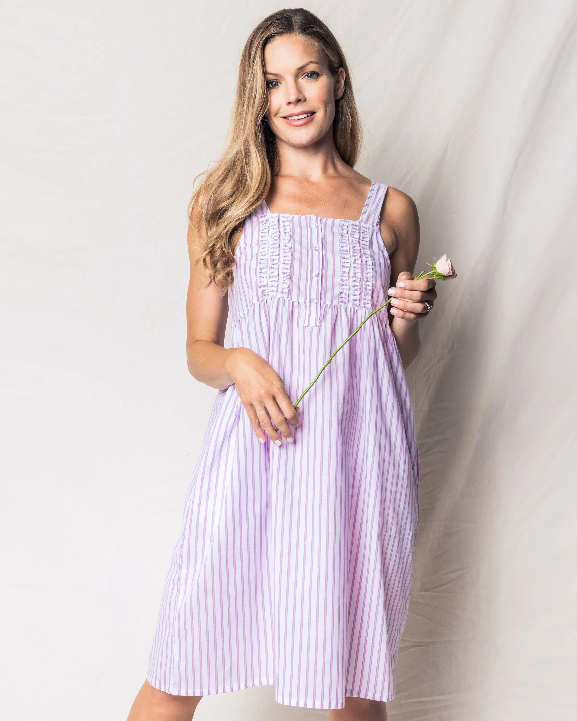 Women's Twill Charlotte Nightgown in Lavender French Ticking sold by Petite Plume product image thumbnail 2