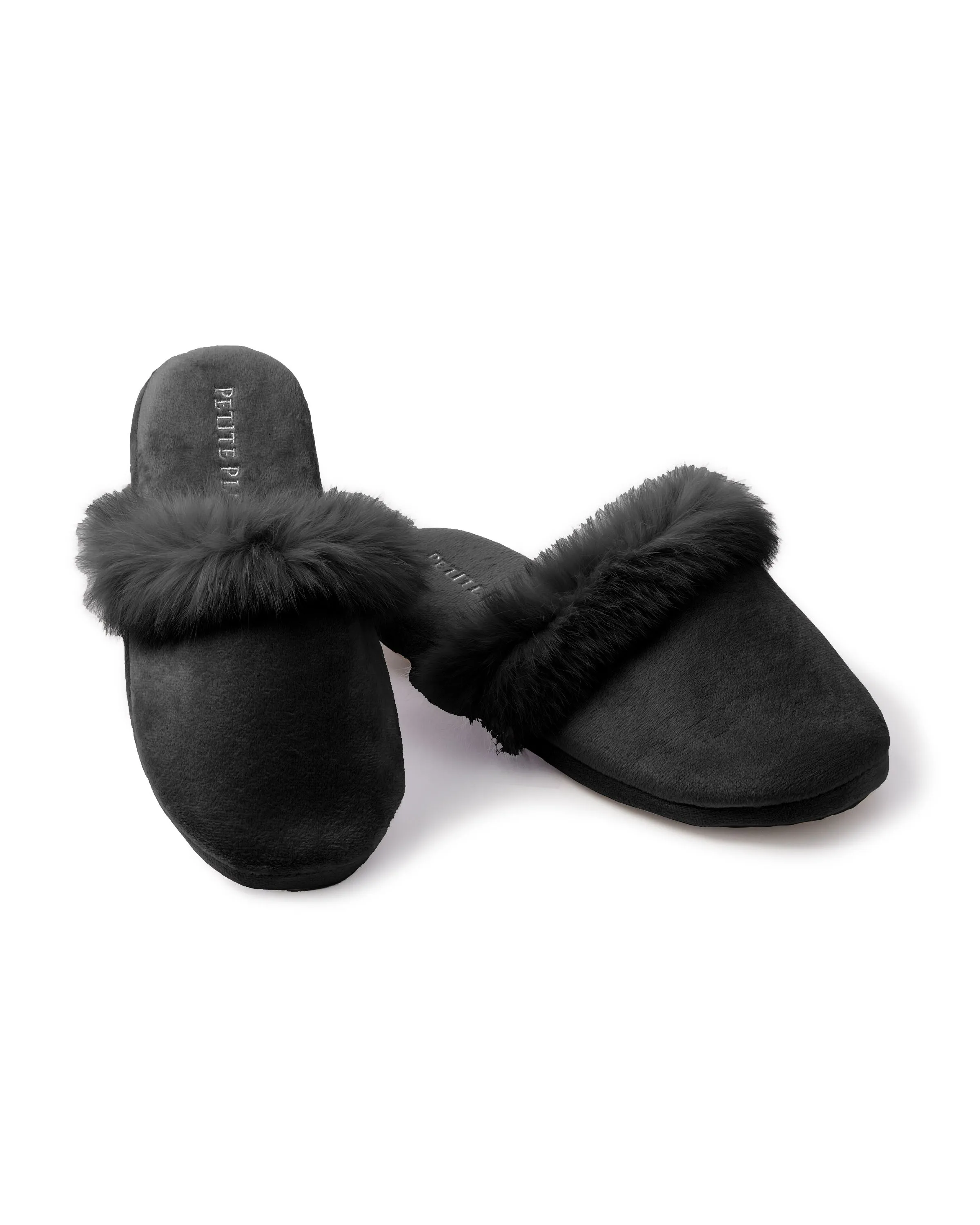Women's Faux Fur Trim Slipper in Black sold by Petite Plume