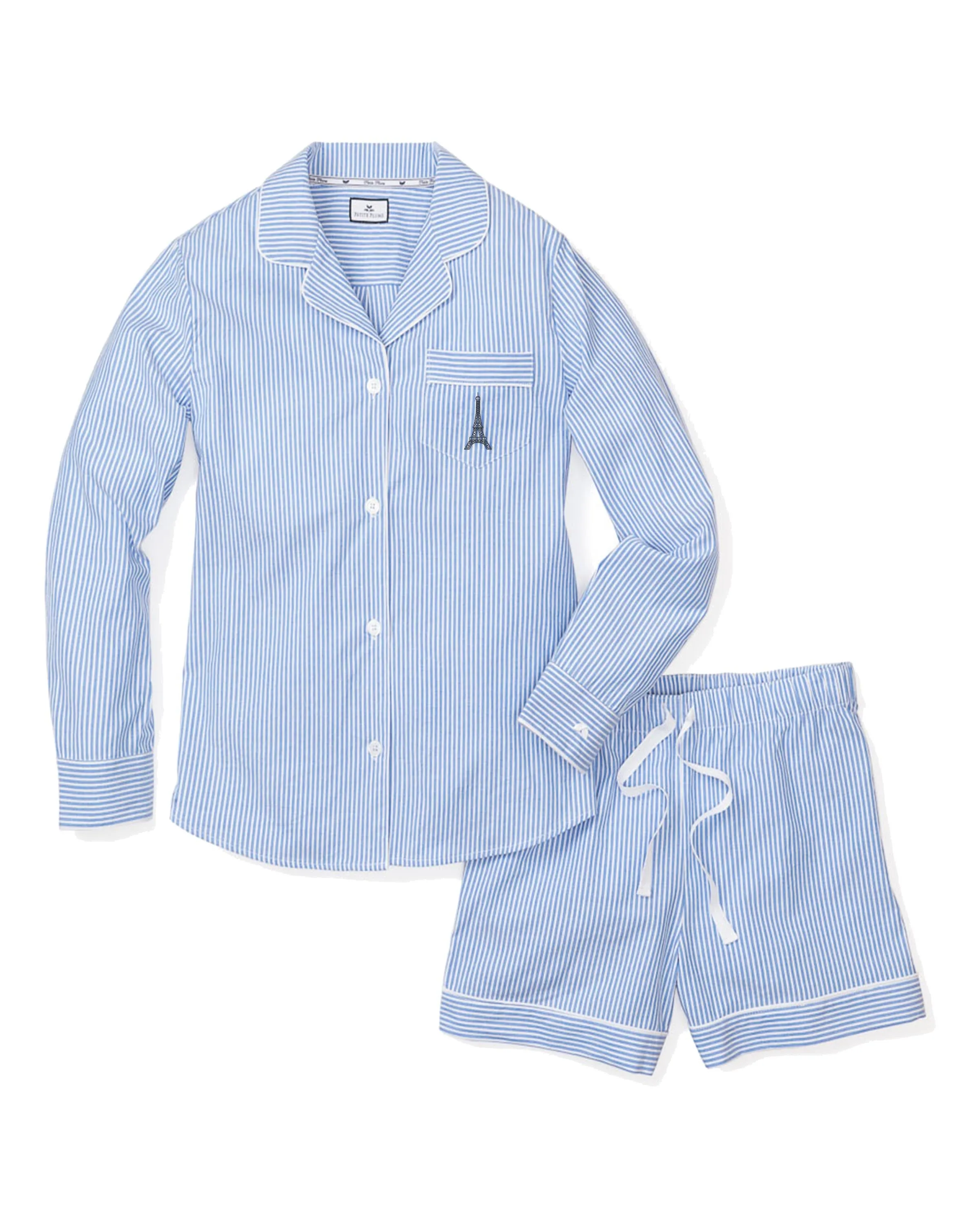 Women's Twill Blue Seersucker Long Sleeve Short Set with Eiffel Tower sold by Petite Plume