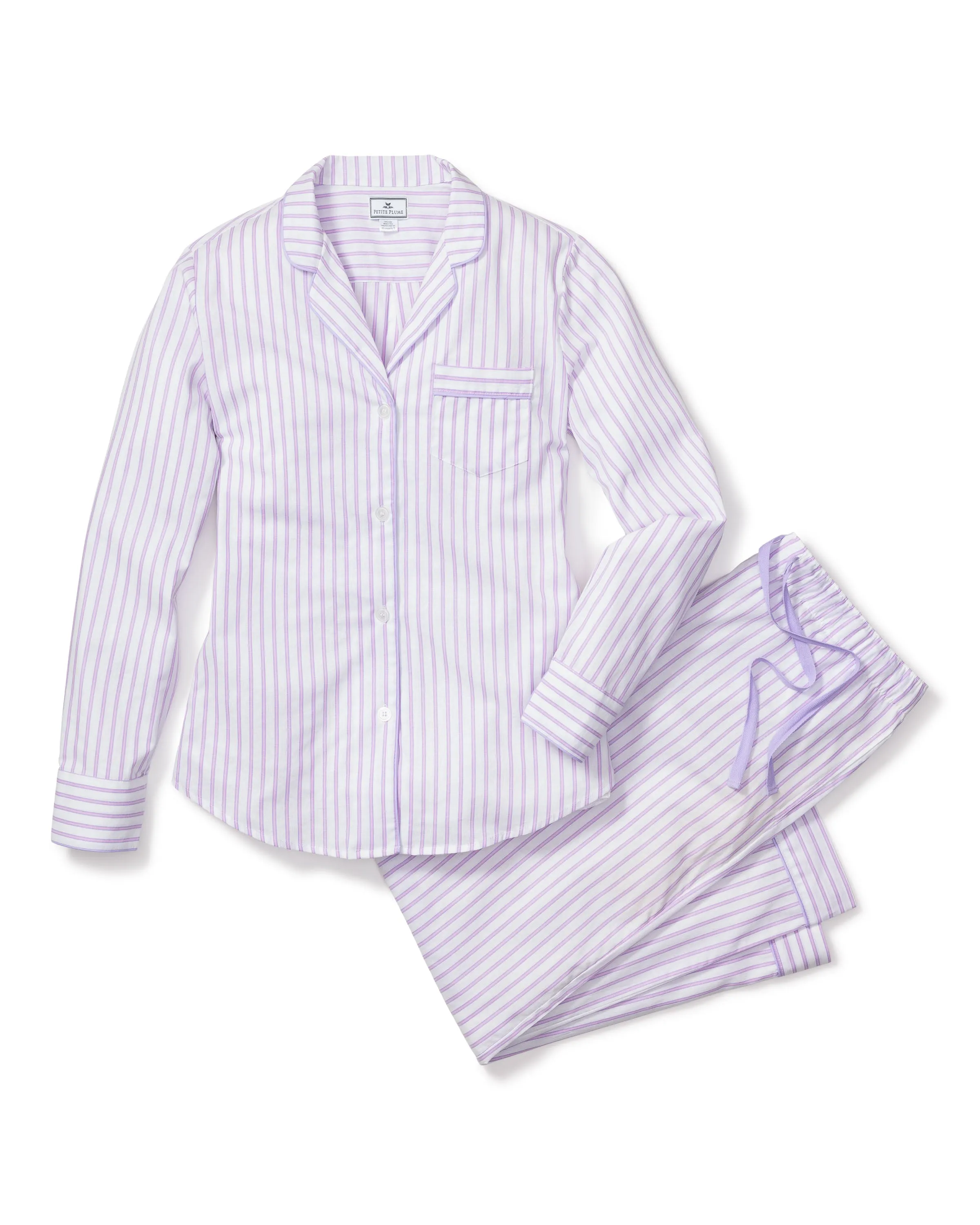 Women's Twill Pajama Set in Lavender French Ticking sold by Petite Plume