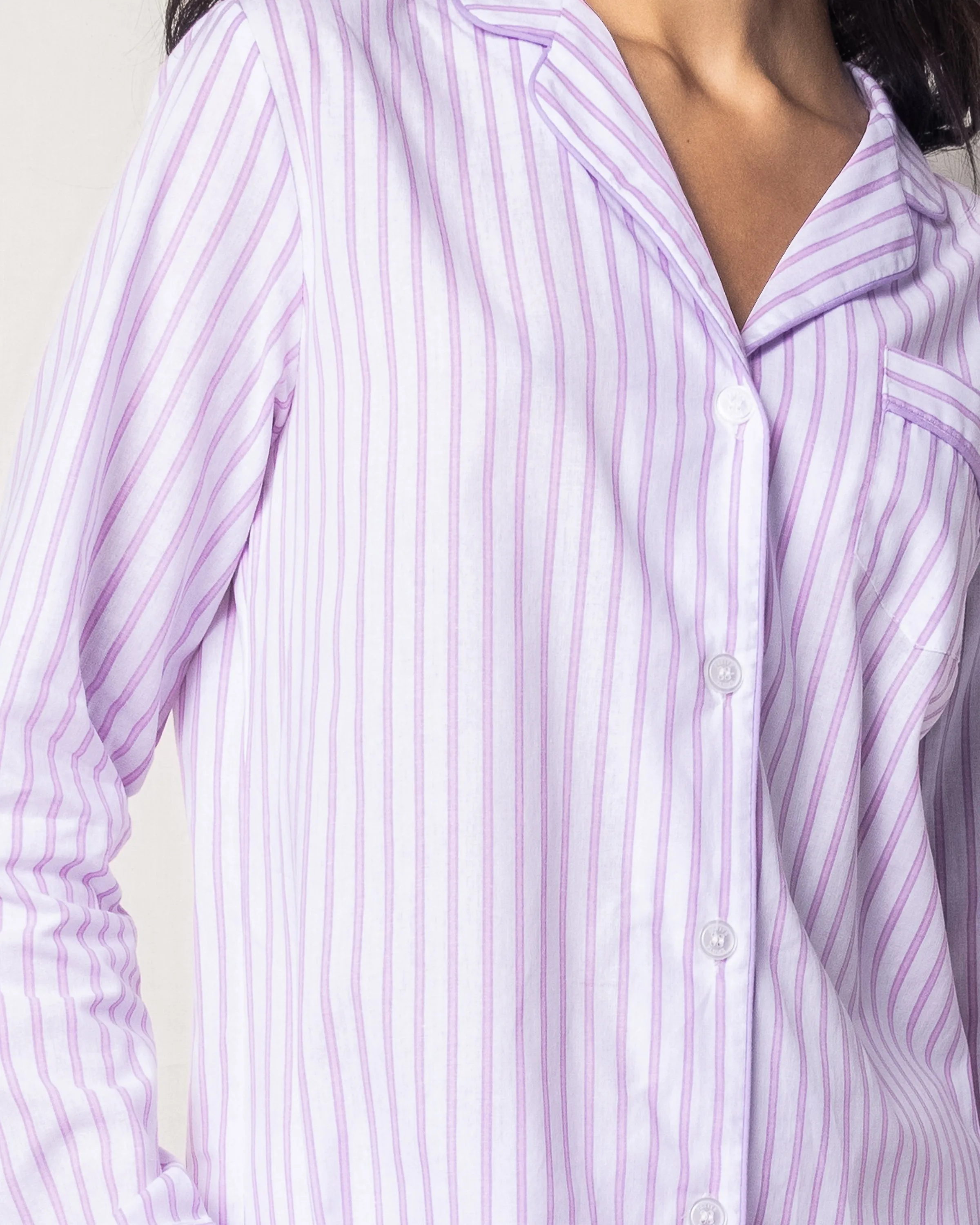 Women's Twill Pajama Set in Lavender French Ticking sold by Petite Plume product image thumbnail 3