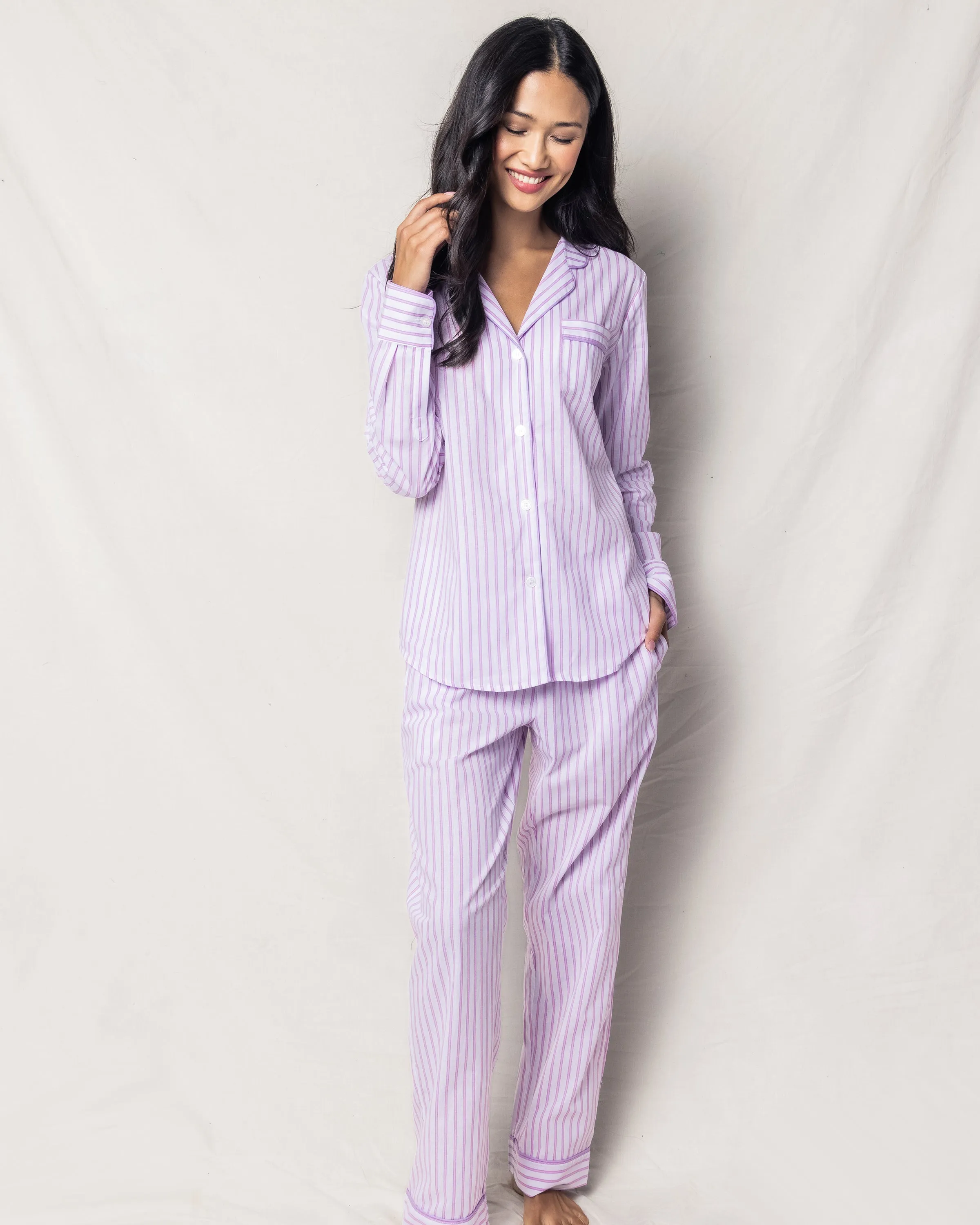 Women's Twill Pajama Set in Lavender French Ticking sold by Petite Plume product image thumbnail 2