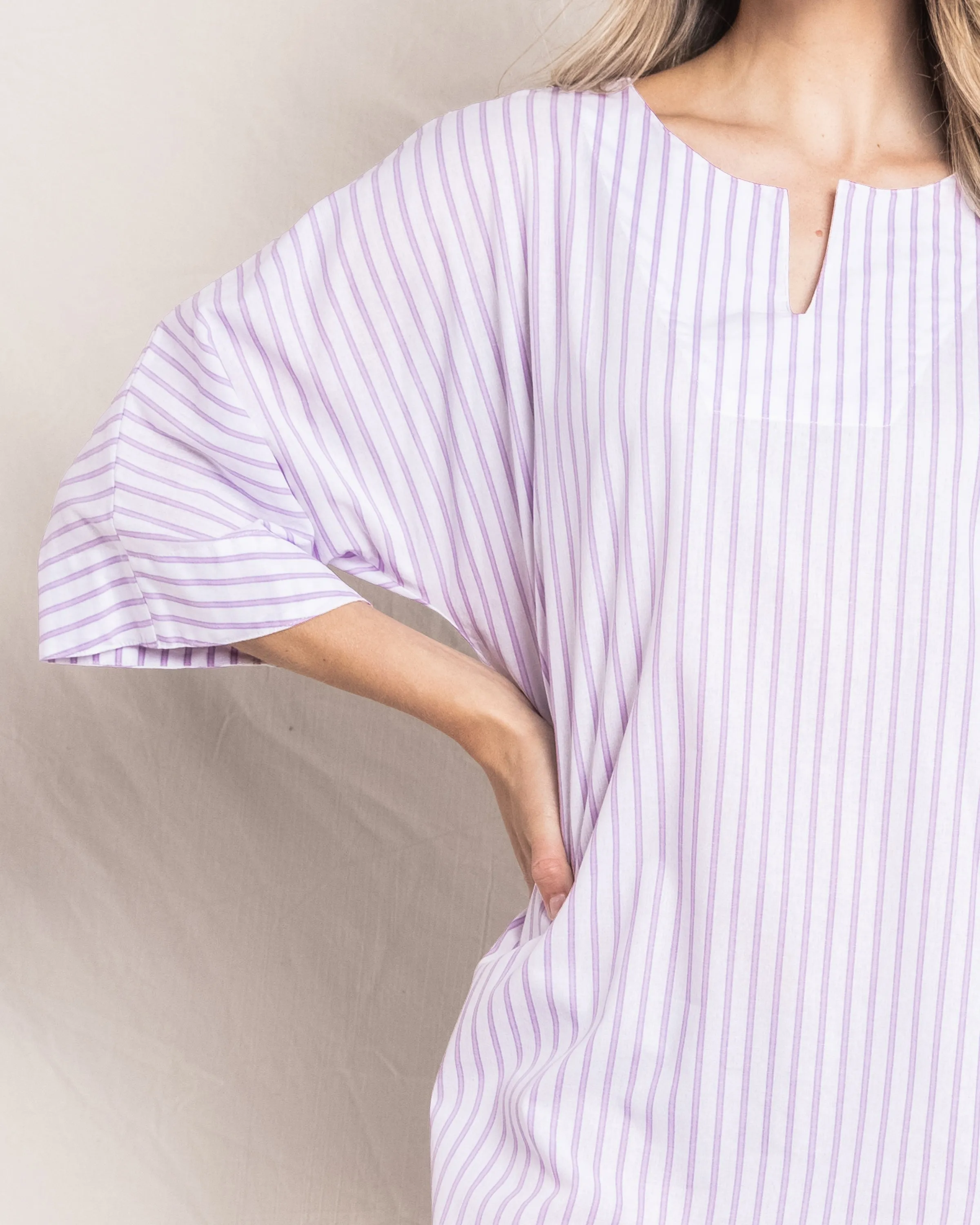 Women's Twill Caftan in Lavender French Ticking sold by Petite Plume product image thumbnail 4