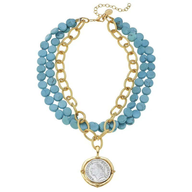 Mixed Metal Coin Multi-Strand Turquoise Necklace sold by Susan Shaw