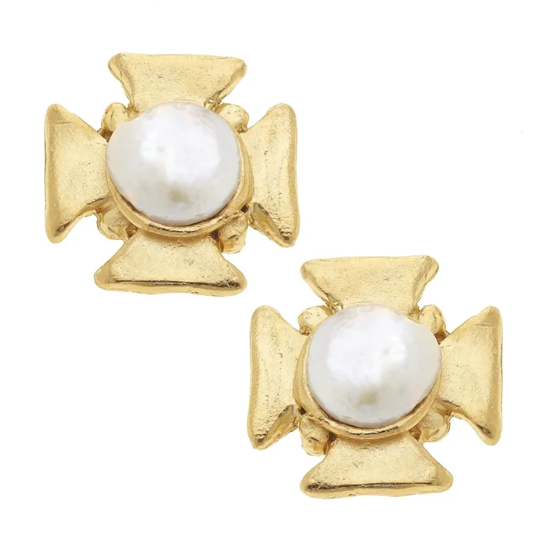 Maltese Cross Pearl Clip Earrings sold by Susan Shaw