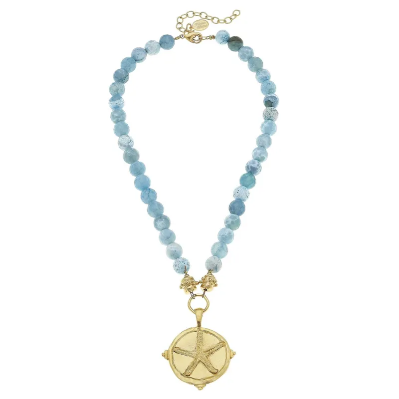 Gold Starfish on Aqua Fire Agate Necklace sold by Susan Shaw