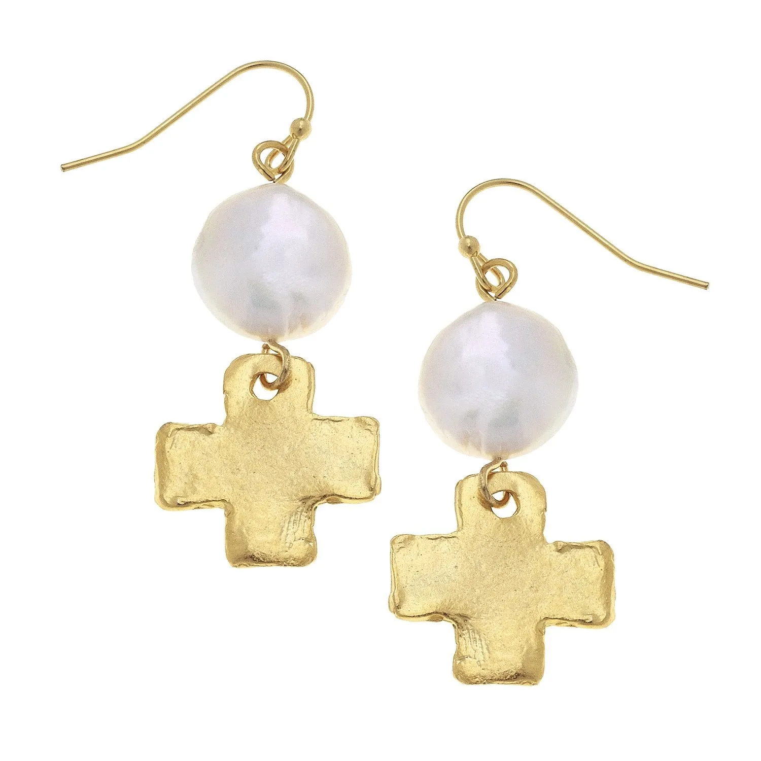Coin Pearl + Gold Cross Drop Earrings sold by Susan Shaw