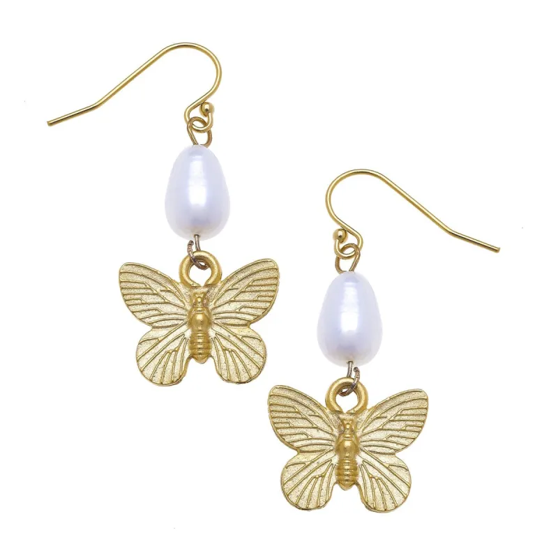 Gold Butterfly + Pearl Tier Earrings sold by Susan Shaw