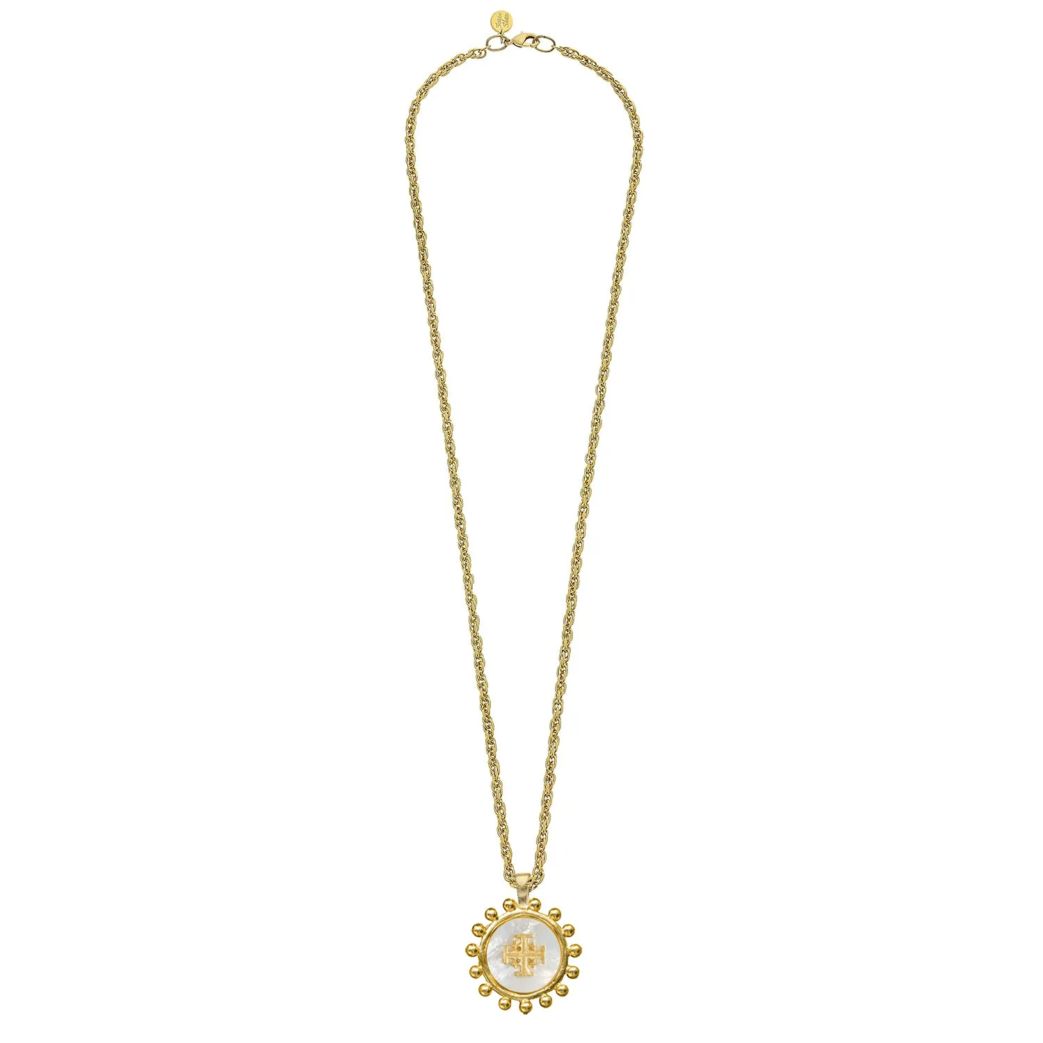 Long Mother of Pearl Jerusalem Cross Necklace sold by Susan Shaw