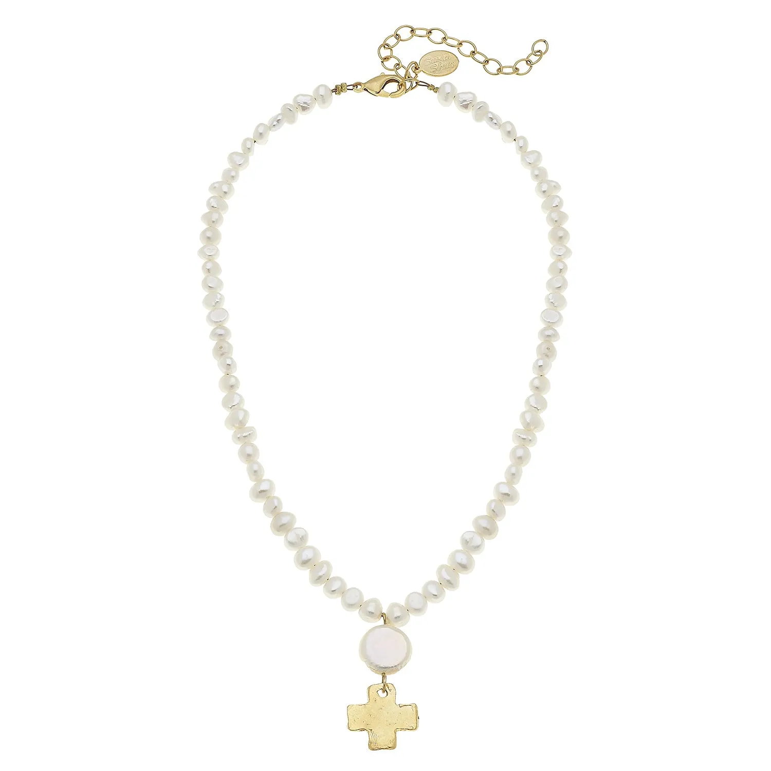 Coin Pearl Gold Cross Drop Necklace sold by Susan Shaw