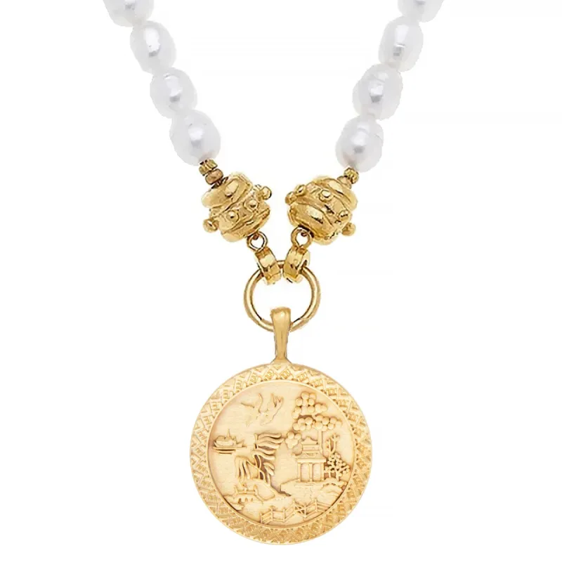 Blue Willow Pearl Necklace made by Susan Shaw