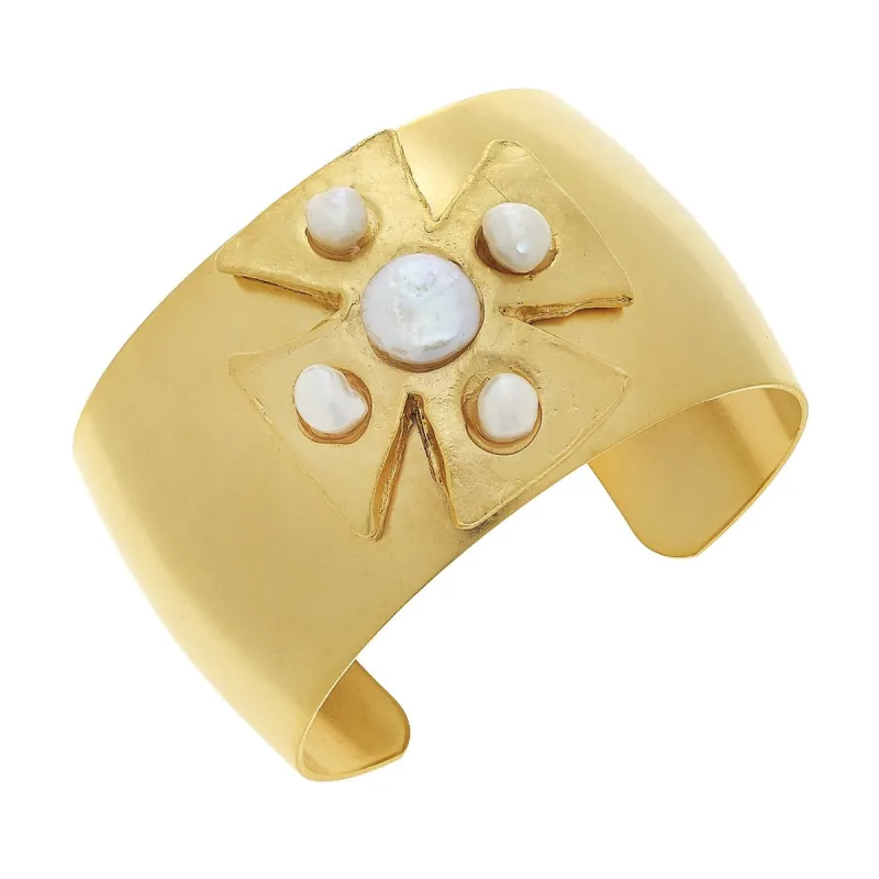 Gold + Pearl Maltese Cross cuff sold by Susan Shaw