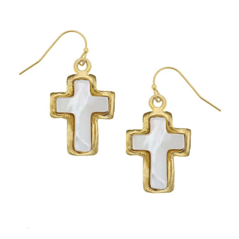 Small Mother of Pearl Cross Earrings made by Susan Shaw