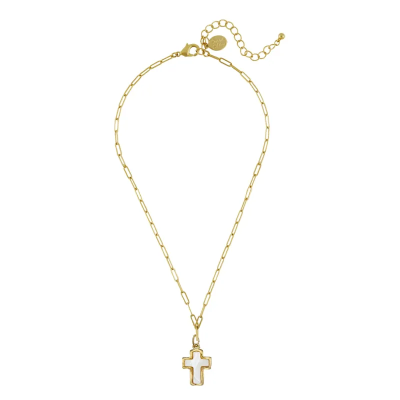 Small Mother of Pearl Cross Paperclip Necklace made by Susan Shaw
