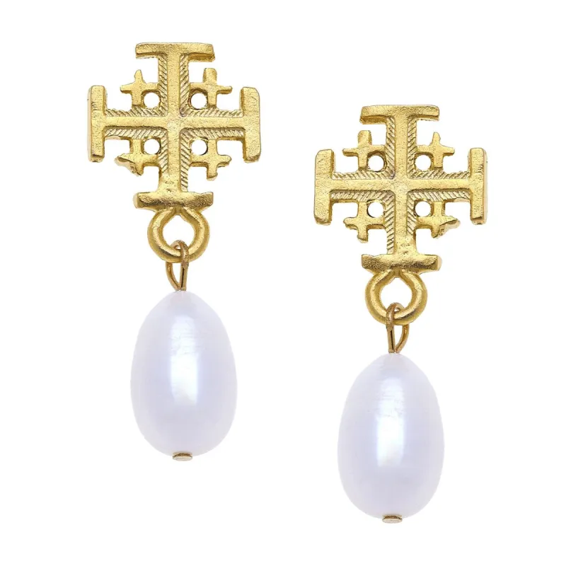 Jerusalem Cross Drop Pearl Earrings sold by Susan Shaw