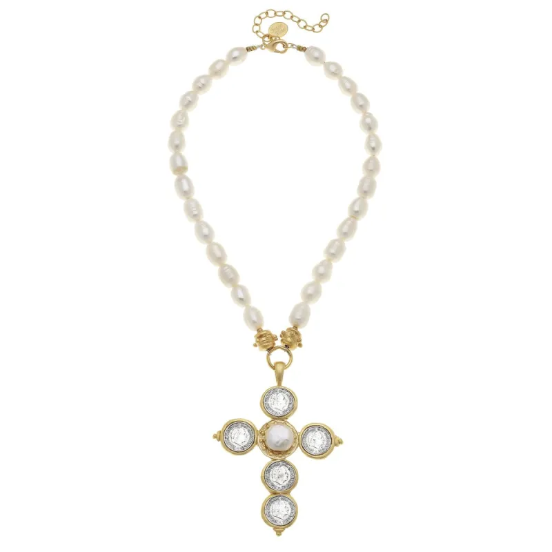 Mixed Metal Coin Cross Pearl Necklace sold by Susan Shaw