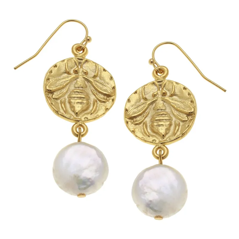 Bee Intaglio + Pearl Drop Earrings sold by Susan Shaw