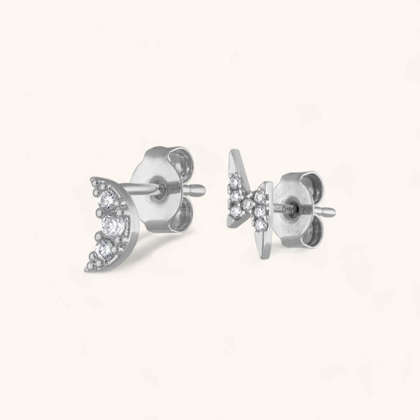 Pave Moon and Lightning Studs in Sterling Silver sold by Maison Miru