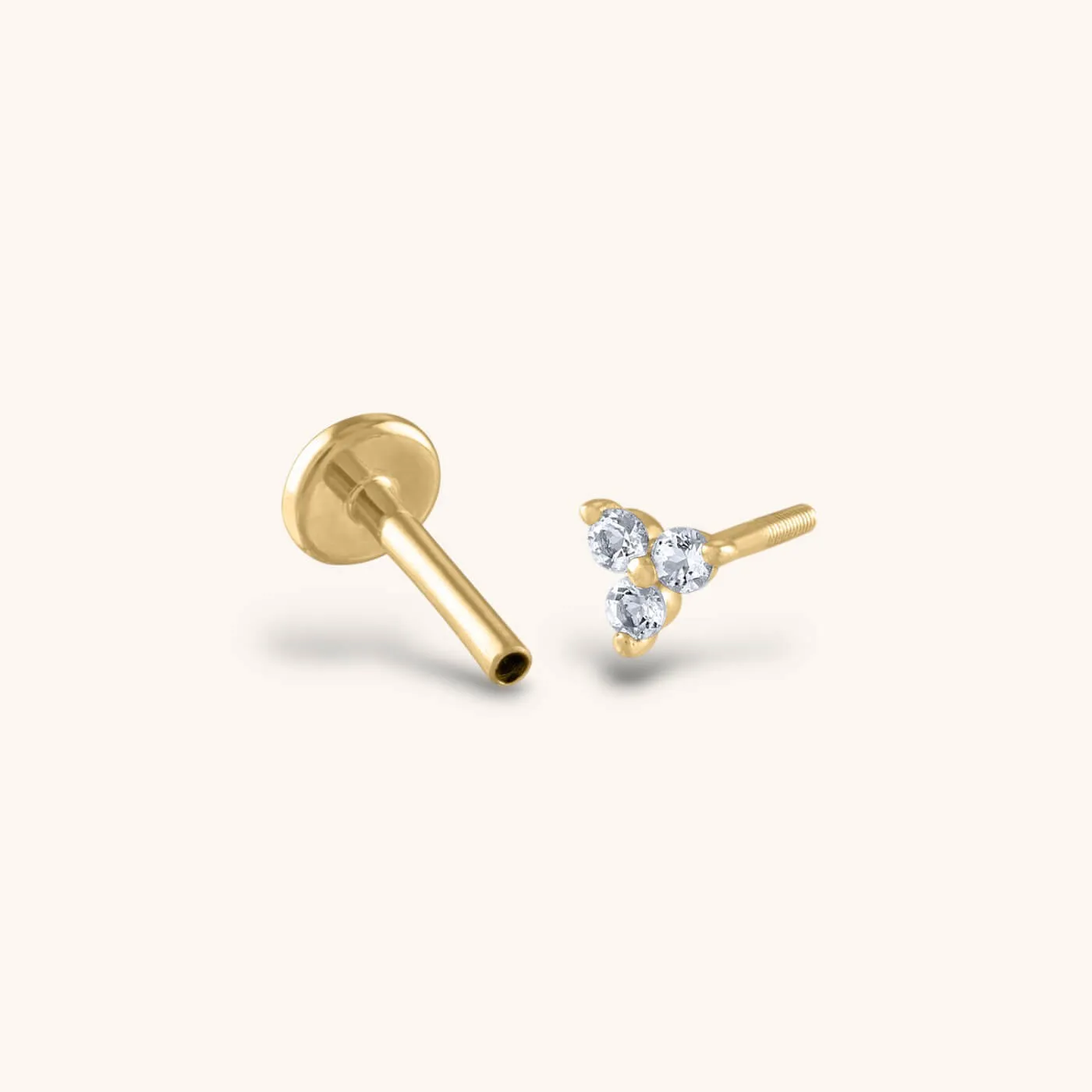 Crystal Trinity Threaded Flat Back Earring in 14k Gold sold by Maison Miru