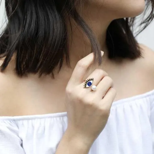 Evil Eye Pearl Ring in Blue sold by Maison Miru product image thumbnail 3