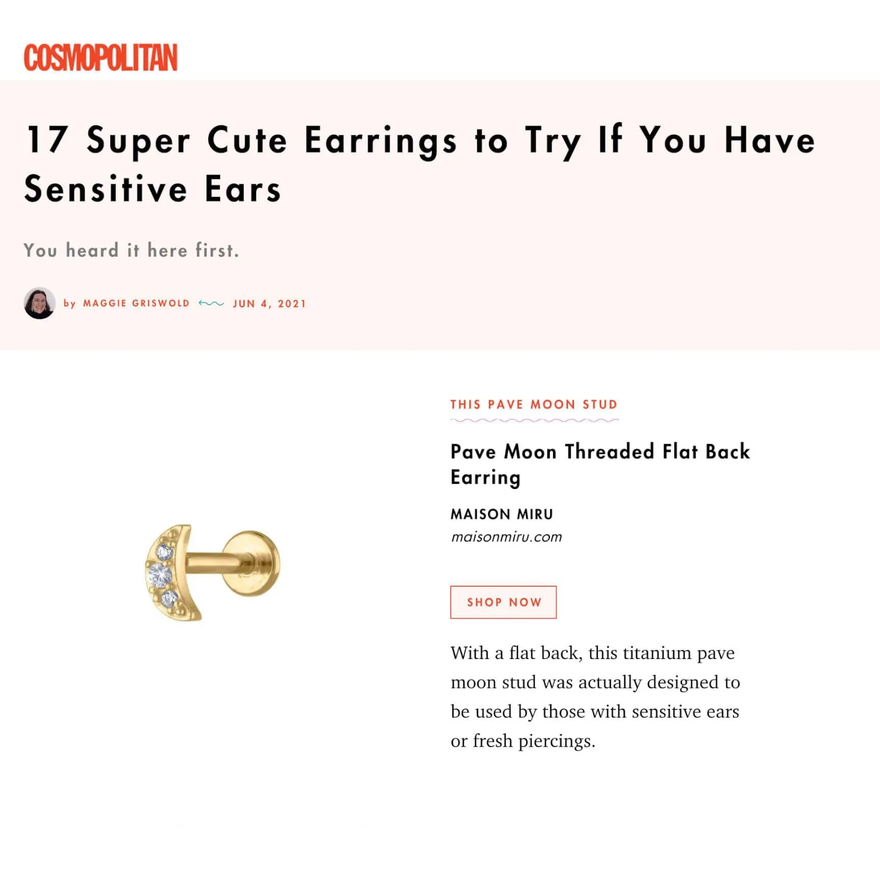 Sample Item: Pave Moon Threaded Flat Back Earring sold by Maison Miru product image thumbnail 5