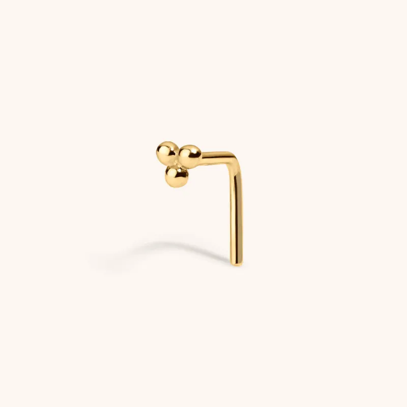 Tiny Trinity Stud L-Shape Nose Ring in 14k Gold sold by Maison Miru