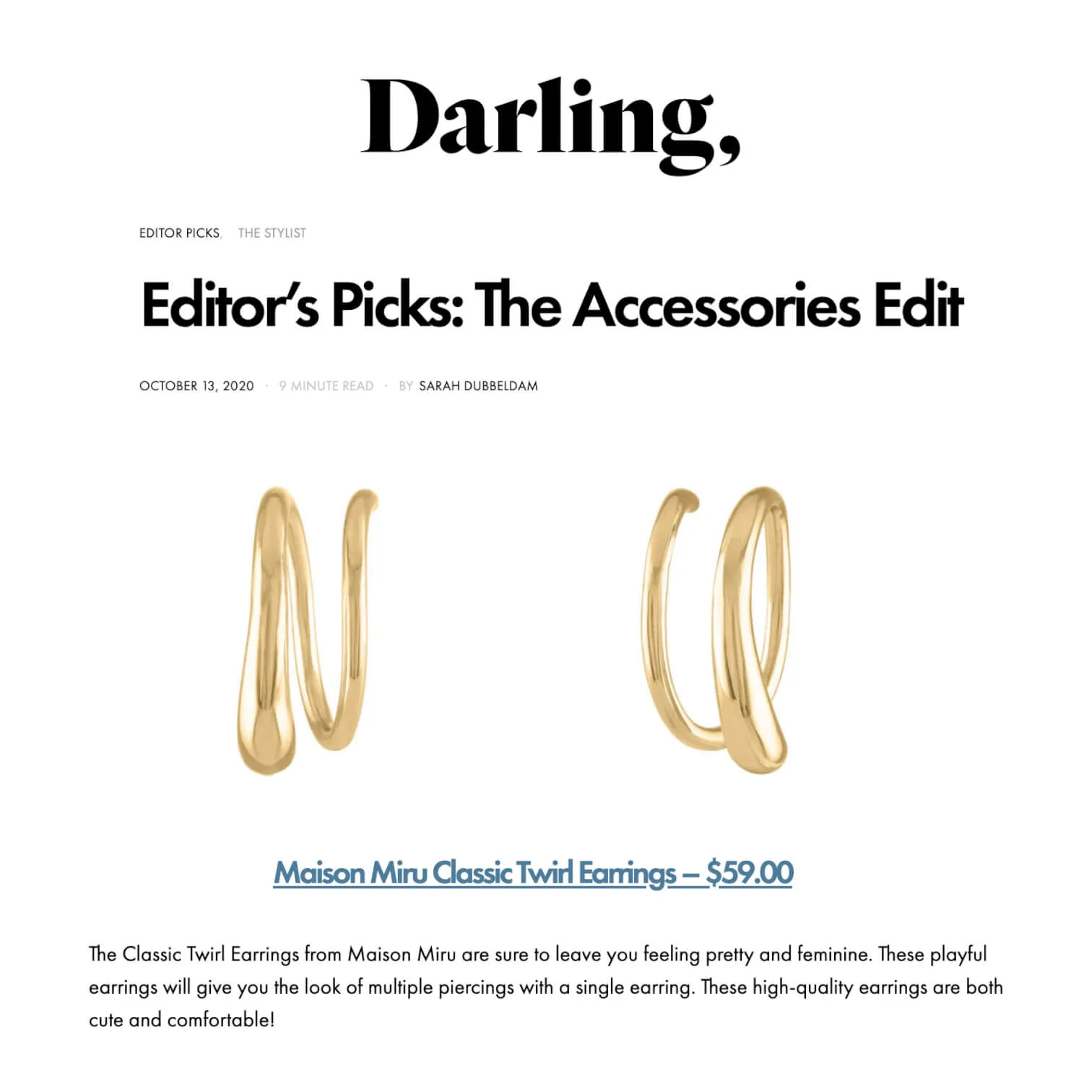 Sample Item: Classic Twirl Earrings sold by Maison Miru product image thumbnail 5