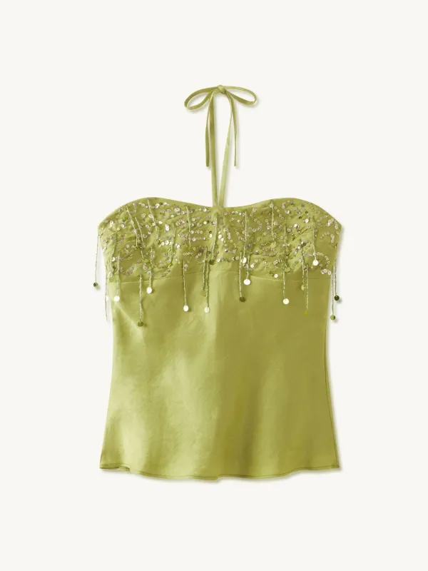 Yasmin Hand Beaded Halter Neck Top - Olive Oil made by Asta Resort