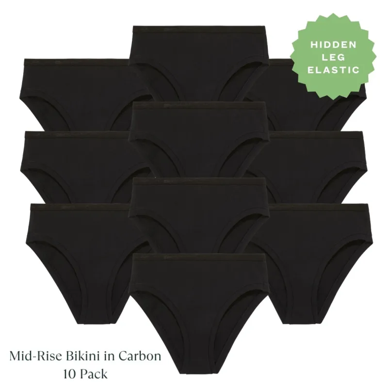 Organic Cotton Mid-Rise Bikini in Carbon 10 Pack sold by Knickey