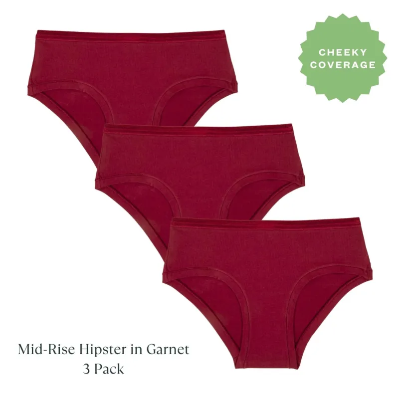 Organic Cotton Mid-Rise Hipster in Garnet 3-Pack sold by Knickey
