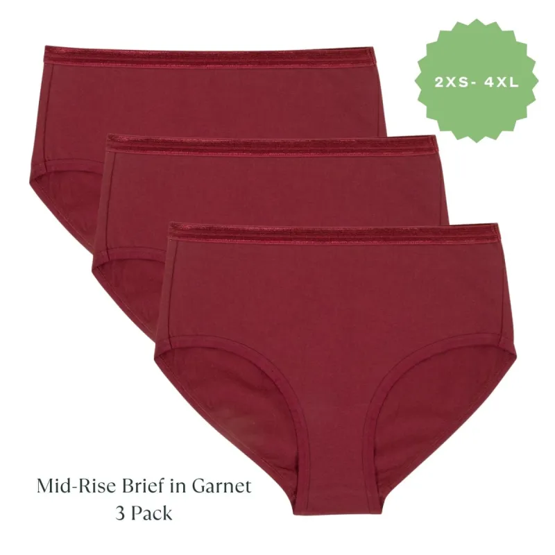 Organic Cotton Mid-Rise Brief in Garnet 3-Pack sold by Knickey